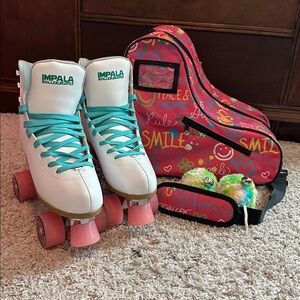 Impala White and Pink Roller Skates W Pompoms & Travel bag